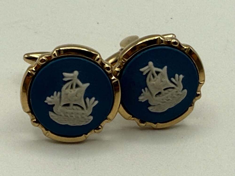 Wedgwood Blue Jasperware Ship Motif Cufflinks